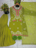 Prazu Fashion Lime Green Chinon Silk Embroidered Sharara Suit - Distacart