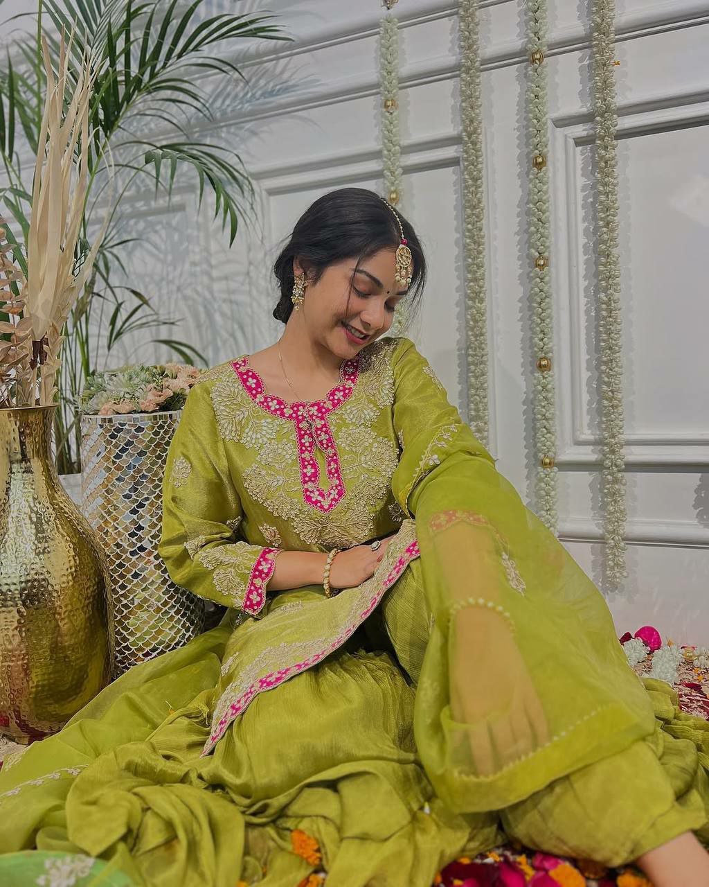 Prazu Fashion Lime Green Chinon Silk Embroidered Sharara Suit - Distacart