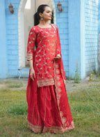 Prazu Fashion Red Rangoli Silk Embroidered Lehenga Style Suit