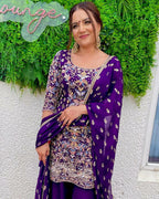 Prazu Fashion Purple Georgette Embroidered Plazzo Suit