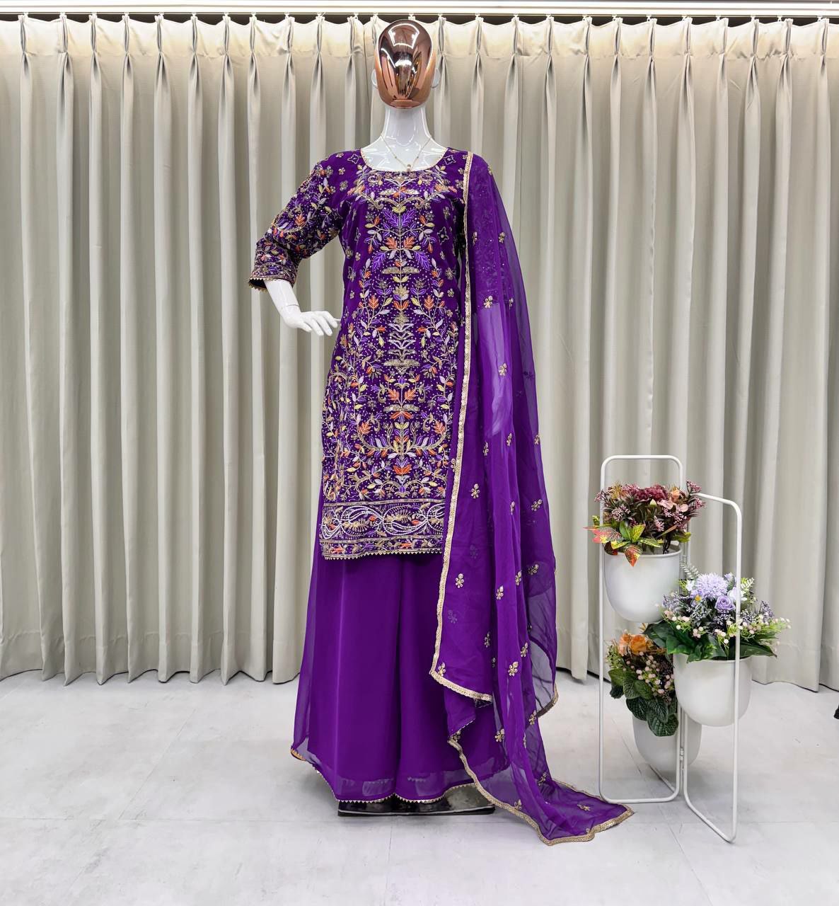 Prazu Fashion Purple Georgette Embroidered Plazzo Suit