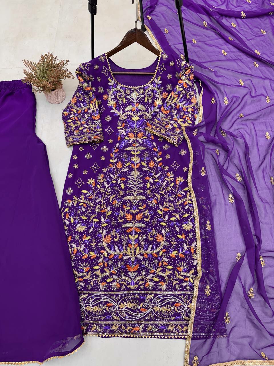Prazu Fashion Purple Georgette Embroidered Plazzo Suit