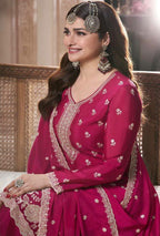 Prazu Fashion Pink Chinon Silk Embroidered Palazzo Suit