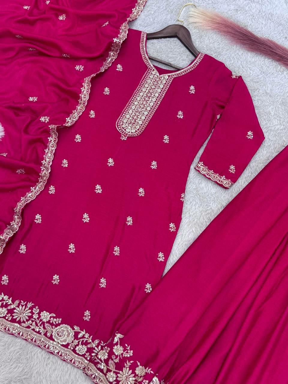 Prazu Fashion Pink Chinon Silk Embroidered Palazzo Suit