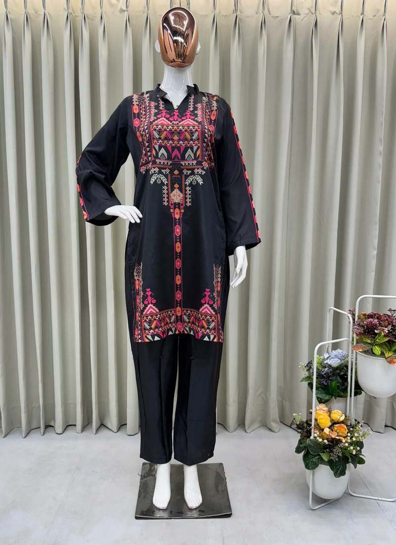 Prazu Fashion Black Crep Silk Printed Top With Pant