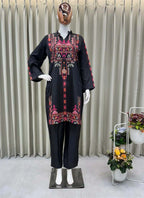 Prazu Fashion Black Crep Silk Printed Top With Pant