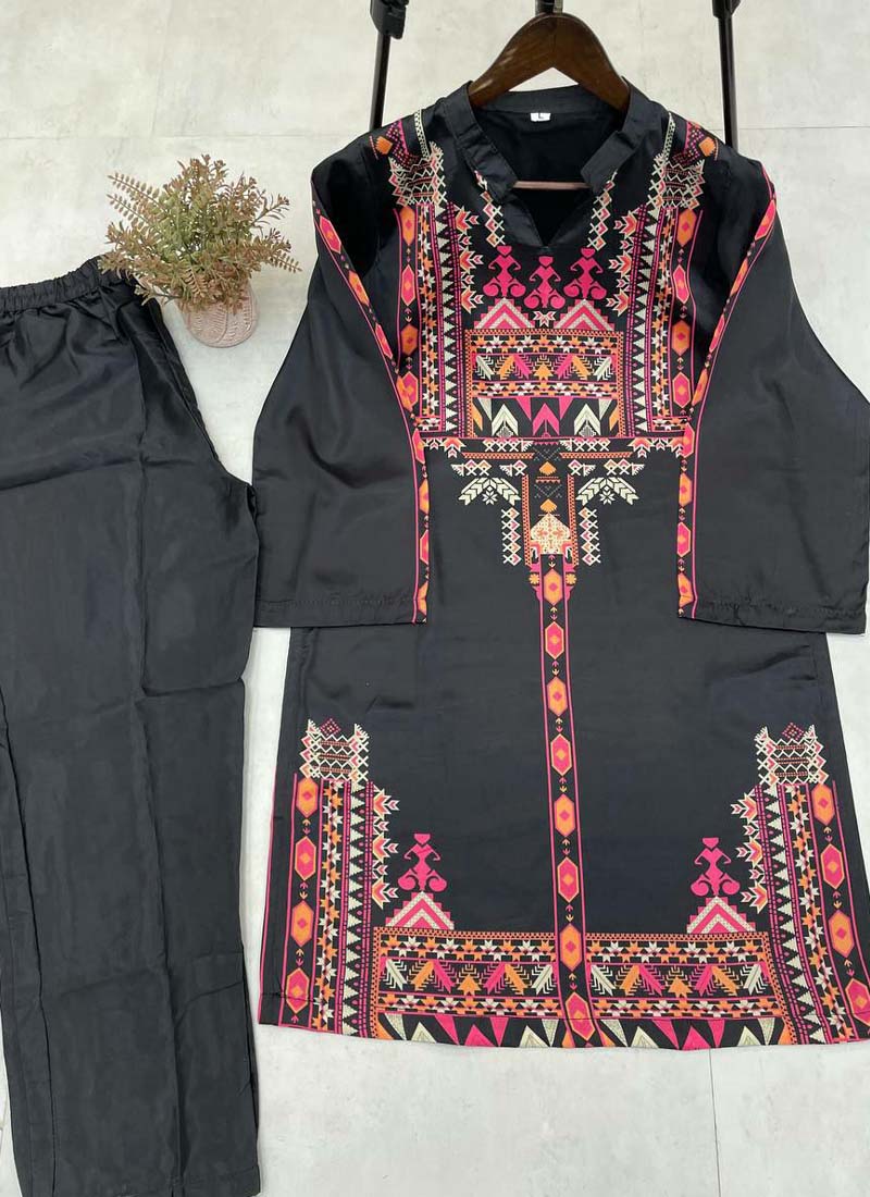 Prazu Fashion Black Crep Silk Printed Top With Pant