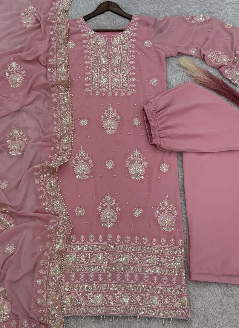 Prazu Fashion Baby Pink Georgette Embroidered Palazzo Suit