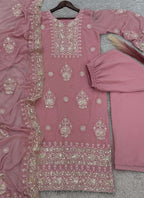 Prazu Fashion Baby Pink Georgette Embroidered Palazzo Suit