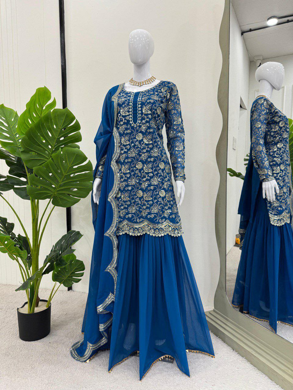 Prazu Fashion Blue Georgette Embroidered Sharara Suit - Distacart