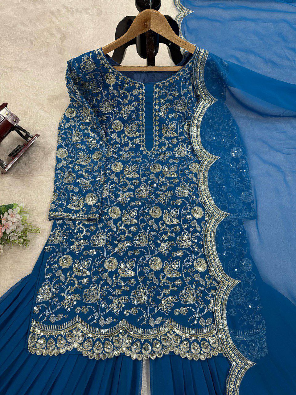 Prazu Fashion Blue Georgette Embroidered Sharara Suit - Distacart