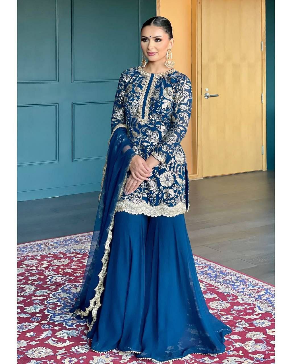 Prazu Fashion Blue Georgette Embroidered Sharara Suit - Distacart