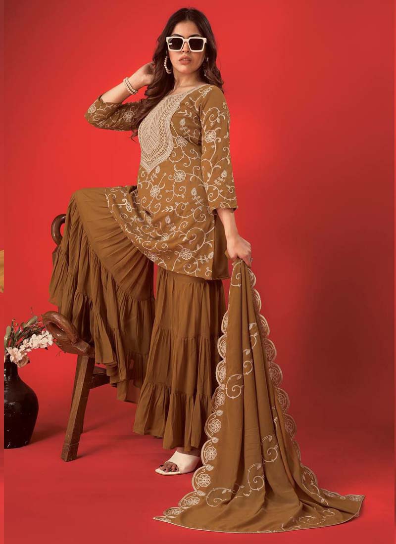Prazu Fashion Beige Georgette Embroidered Sharara Suit - Distacart