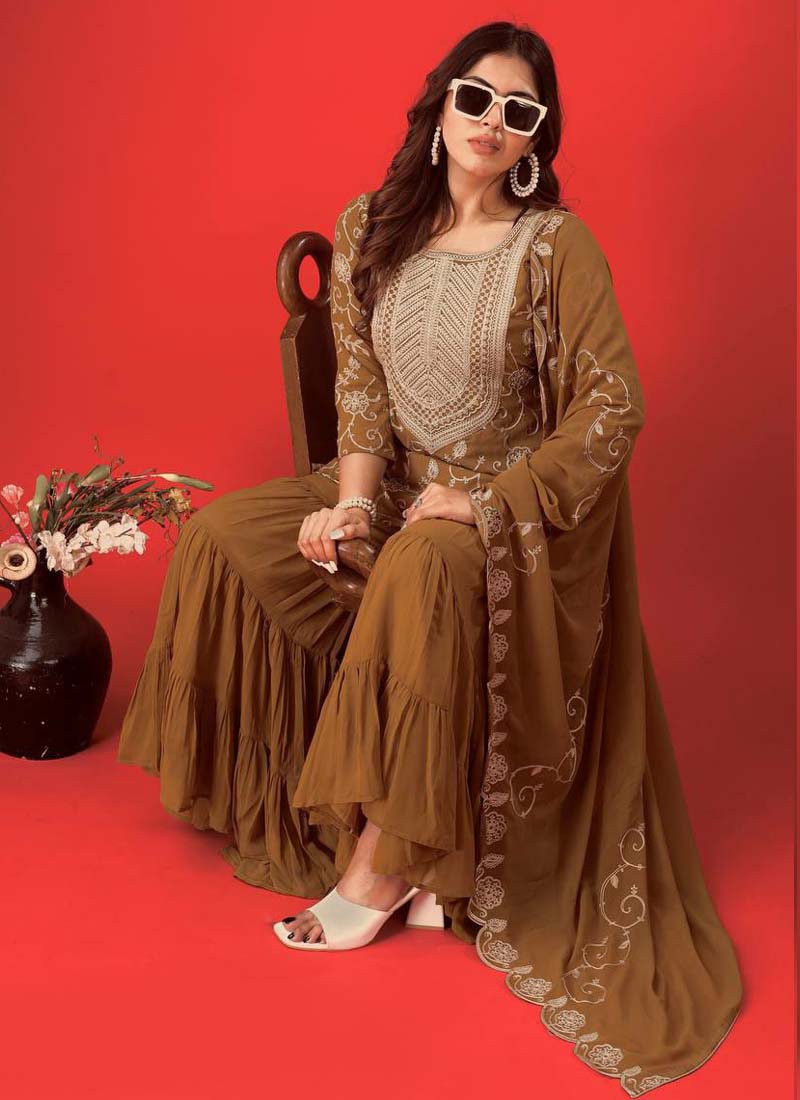 Prazu Fashion Beige Georgette Embroidered Sharara Suit - Distacart