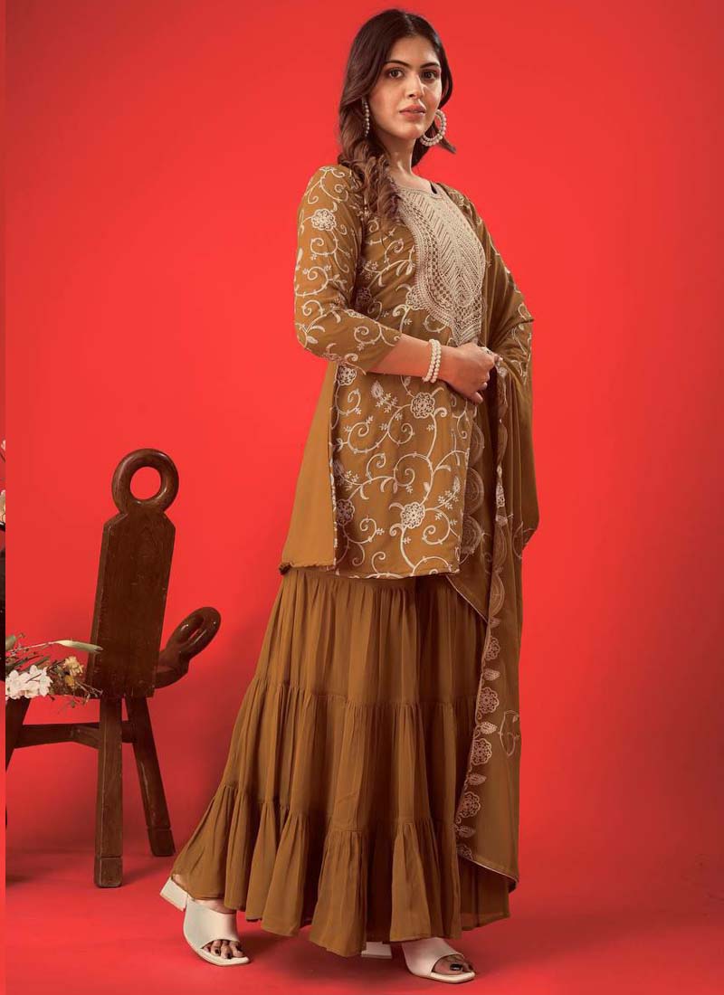 Prazu Fashion Beige Georgette Embroidered Sharara Suit - Distacart