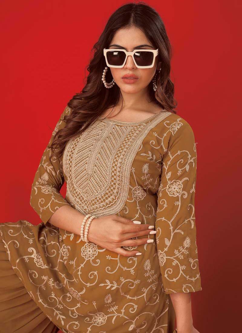 Prazu Fashion Beige Georgette Embroidered Sharara Suit - Distacart