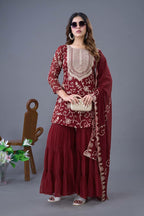 Prazu Fashion Maroon Georgette Embroidered Sharara Suit - Distacart