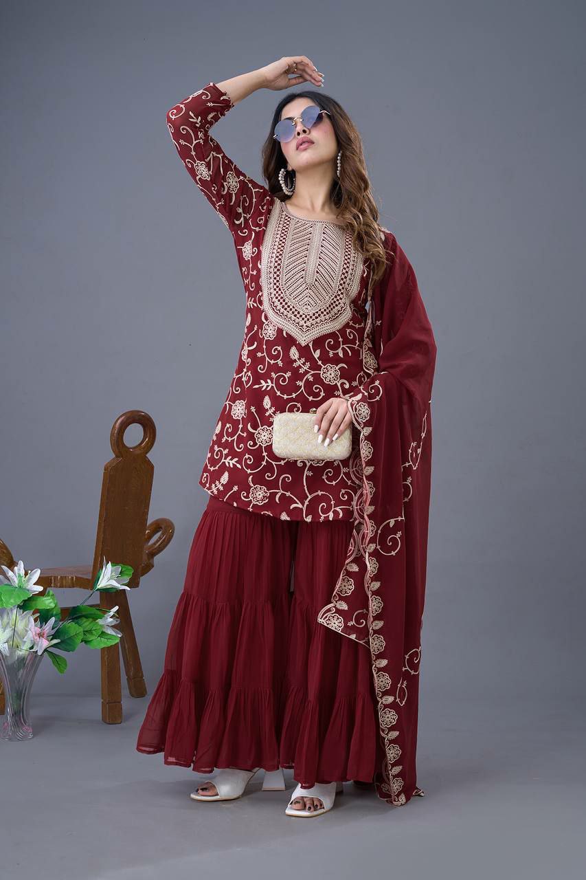 Prazu Fashion Maroon Georgette Embroidered Sharara Suit - Distacart