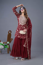 Prazu Fashion Maroon Georgette Embroidered Sharara Suit - Distacart