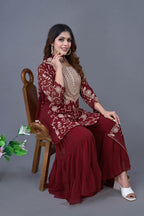 Prazu Fashion Maroon Georgette Embroidered Sharara Suit - Distacart