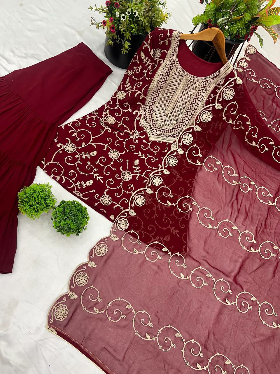 Prazu Fashion Maroon Georgette Embroidered Sharara Suit - Distacart