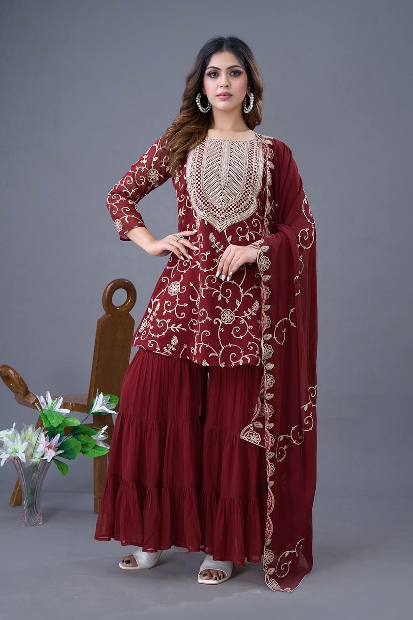 Prazu Fashion Maroon Georgette Embroidered Sharara Suit - Distacart