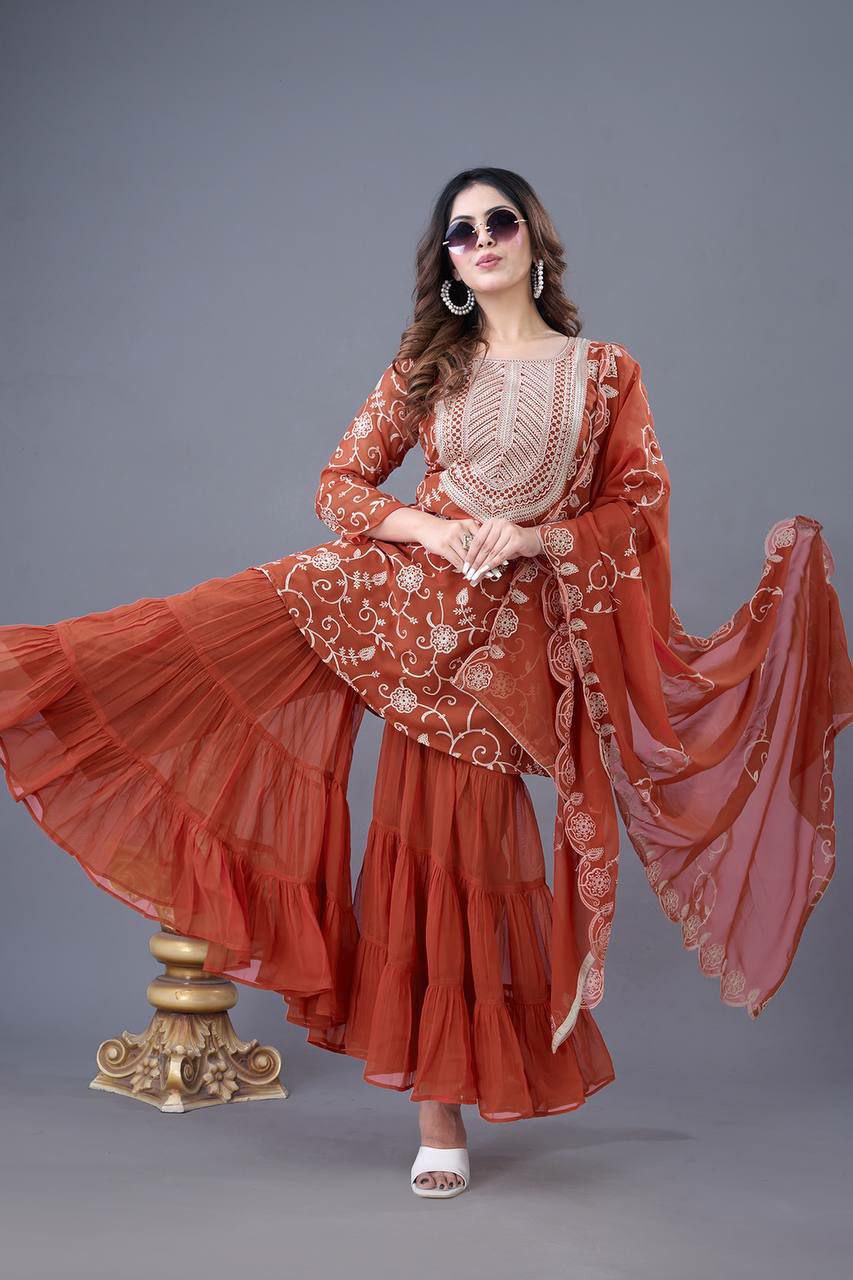 Prazu Fashion Orange Georgette Embroidered Sharara Suit - Distacart