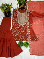 Prazu Fashion Orange Georgette Embroidered Sharara Suit - Distacart
