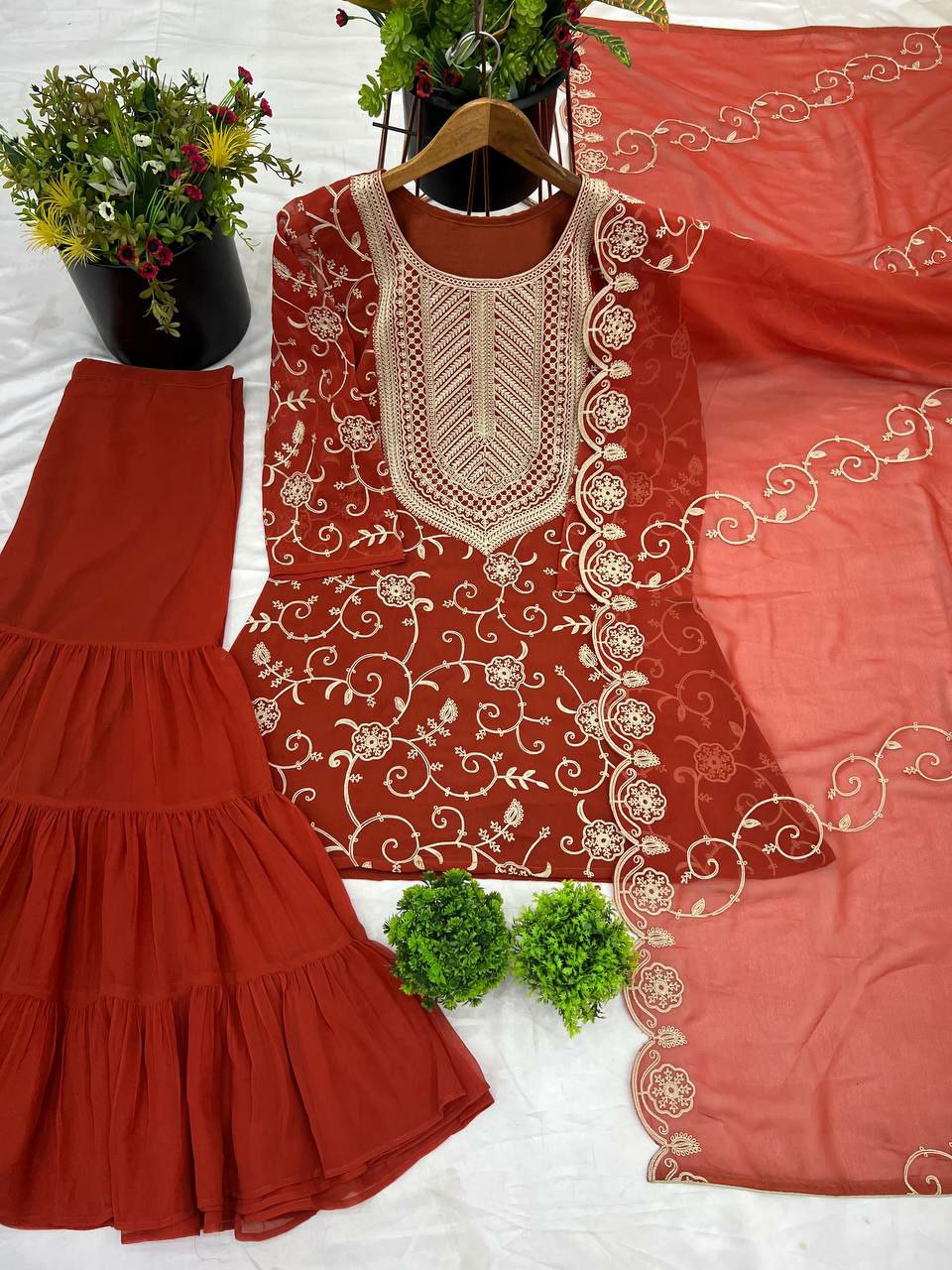Prazu Fashion Orange Georgette Embroidered Sharara Suit - Distacart