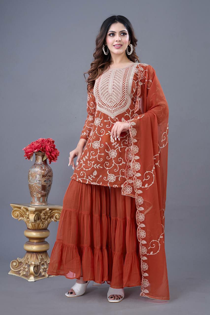 Prazu Fashion Orange Georgette Embroidered Sharara Suit - Distacart