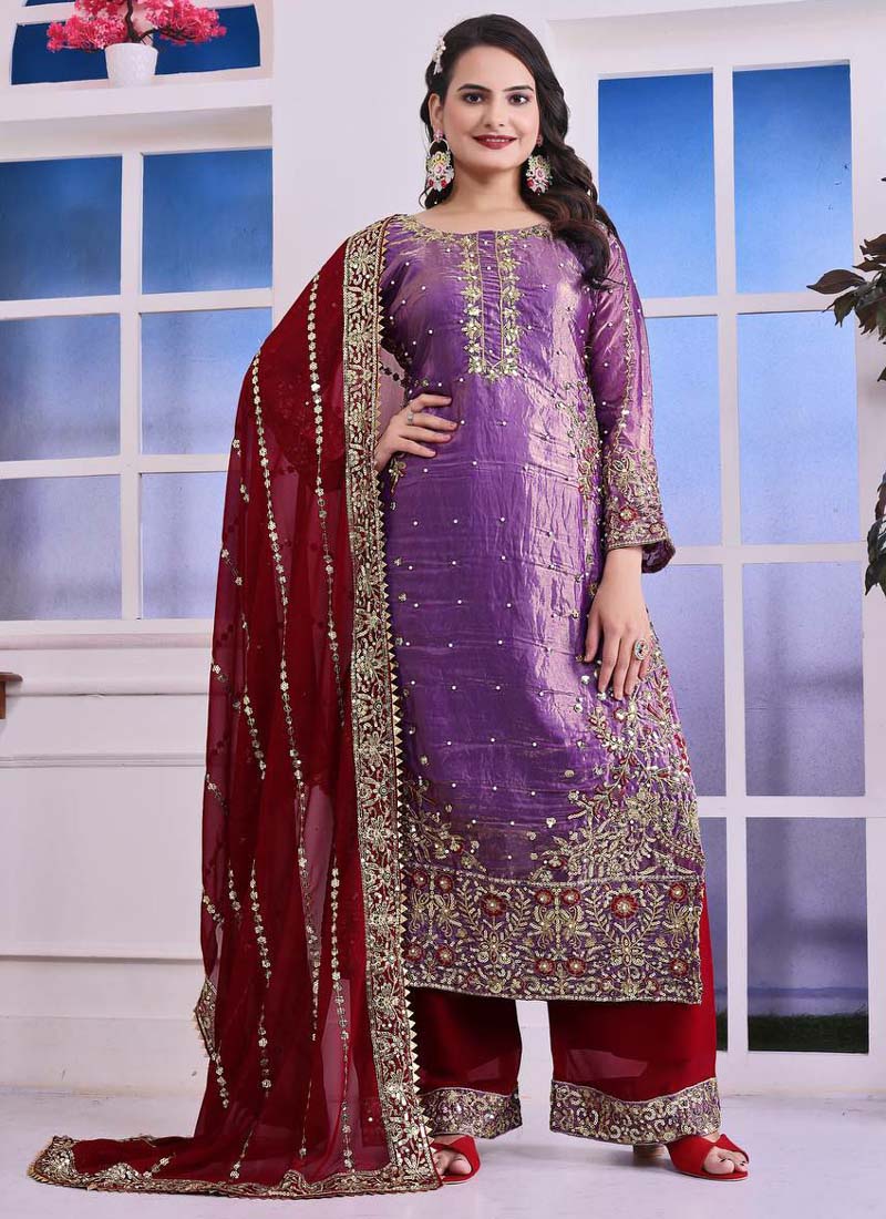 Prazu Fashion Lavender Silk Embroidered Plazzo Suit