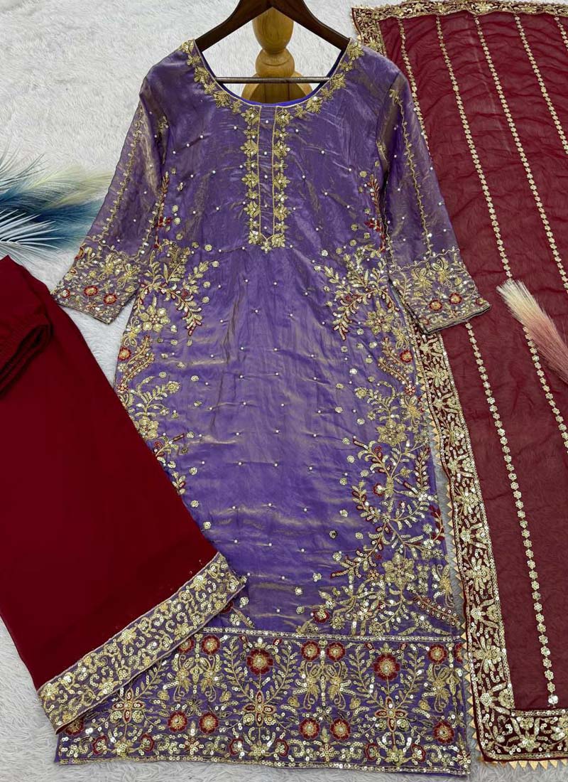 Prazu Fashion Lavender Silk Embroidered Plazzo Suit