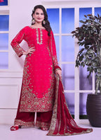 Prazu Fashion Red Silk Embroidered Palazzo Suit