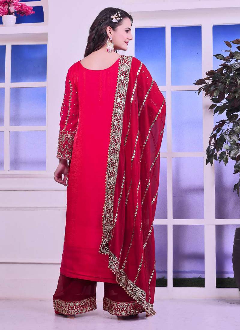 Prazu Fashion Red Silk Embroidered Palazzo Suit