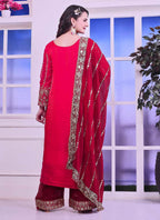 Prazu Fashion Red Silk Embroidered Palazzo Suit