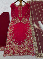 Prazu Fashion Red Silk Embroidered Palazzo Suit