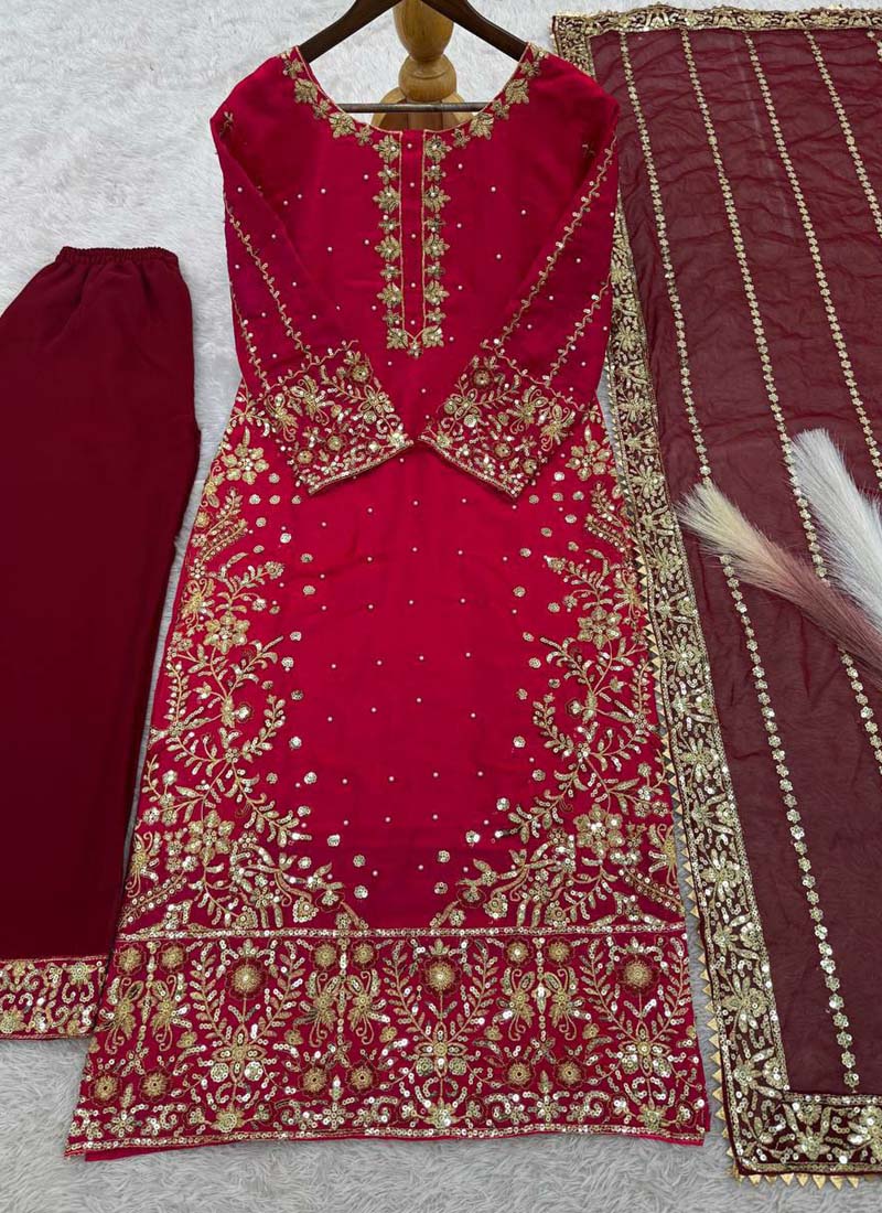 Prazu Fashion Red Silk Embroidered Palazzo Suit