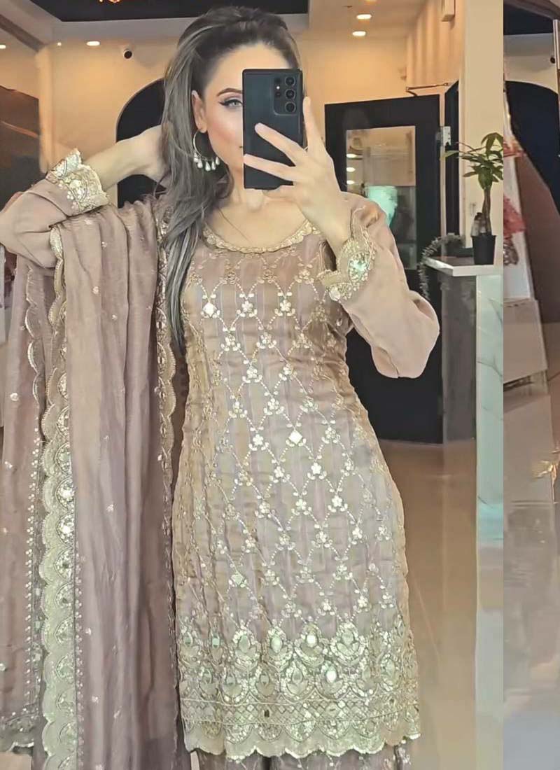 Prazu Fashion Beige Chinon Silk Embroidered Sharara Suit - Distacart