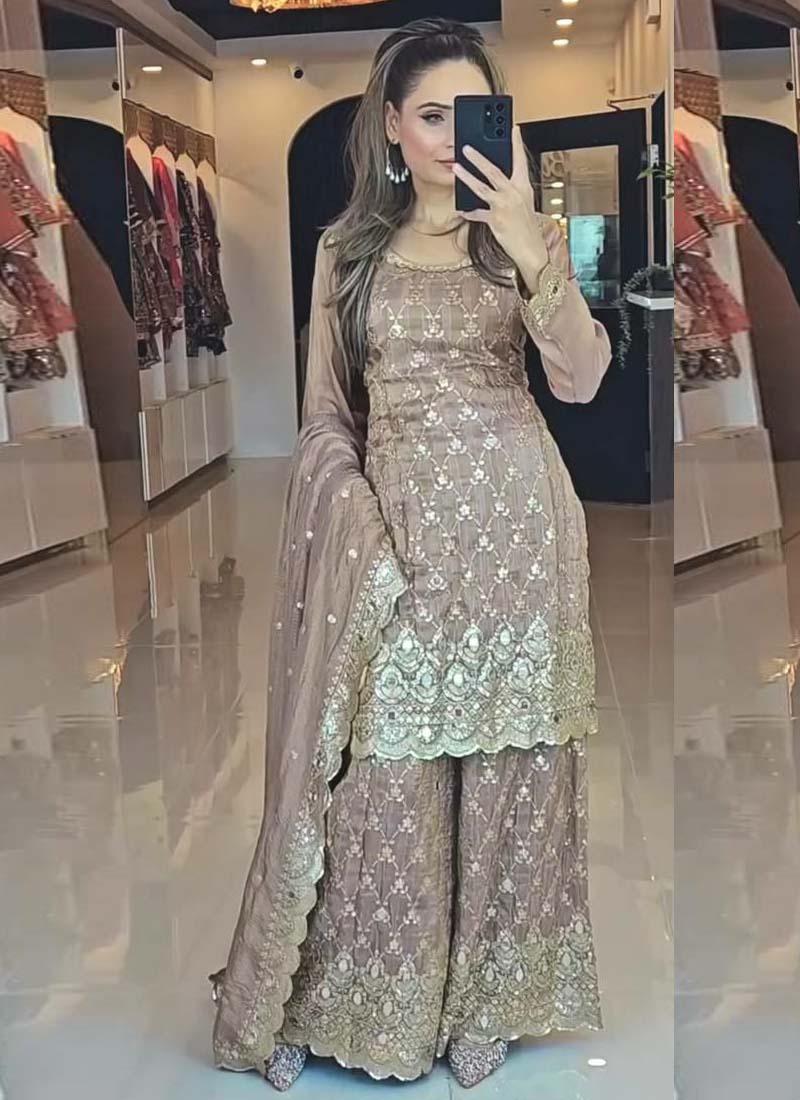 Prazu Fashion Beige Chinon Silk Embroidered Sharara Suit - Distacart