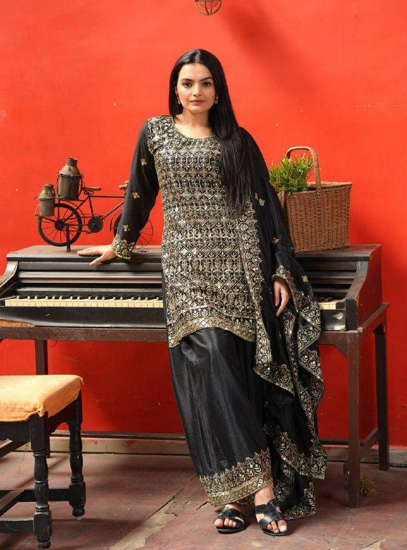 Prazu Fashion Black Chinon Silk Embroidered Sharara Suit - Distacart