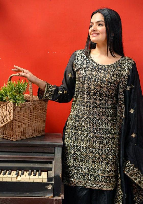 Prazu Fashion Black Chinon Silk Embroidered Sharara Suit - Distacart