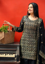 Prazu Fashion Black Chinon Silk Embroidered Sharara Suit - Distacart