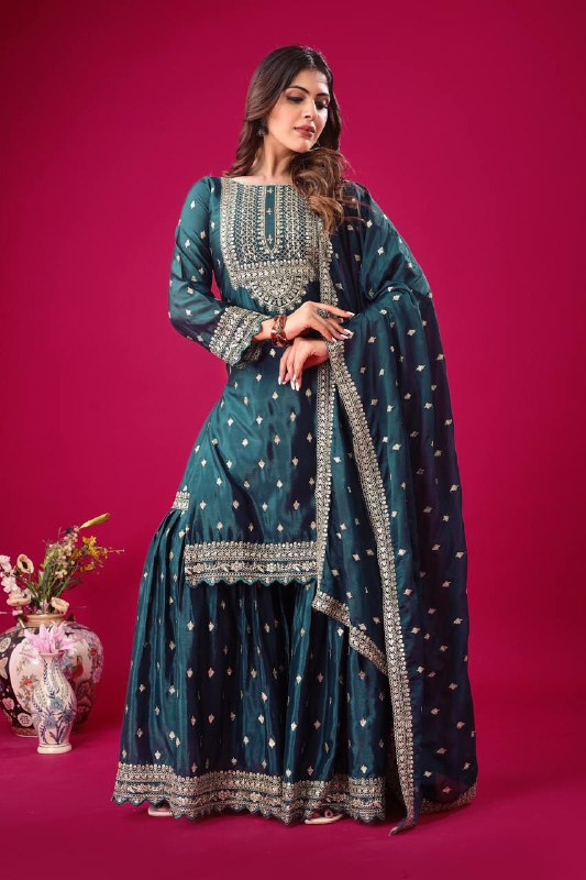 Prazu Fashion Blue Chinon Silk Embroidered Sharara Suit - Distacart