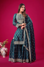 Prazu Fashion Blue Chinon Silk Embroidered Sharara Suit - Distacart