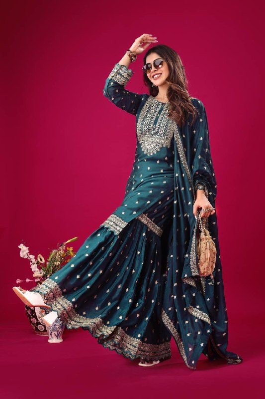 Prazu Fashion Blue Chinon Silk Embroidered Sharara Suit - Distacart