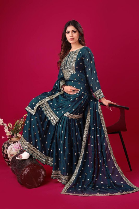 Prazu Fashion Blue Chinon Silk Embroidered Sharara Suit - Distacart