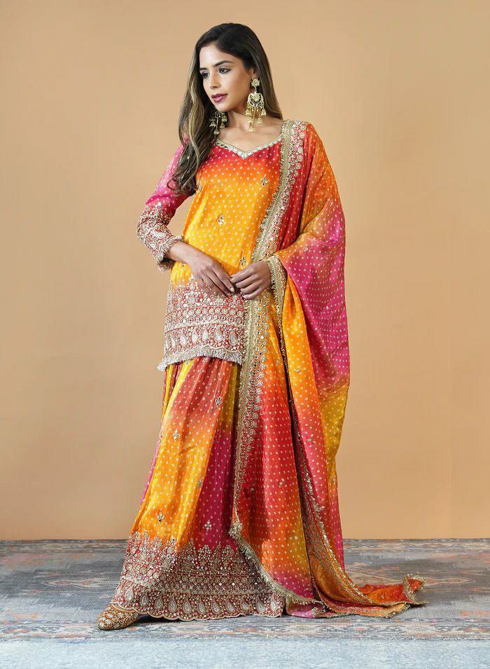 Prazu Fashion Yellow And Pink Chinon Silk Embroidered Palazzo Suit