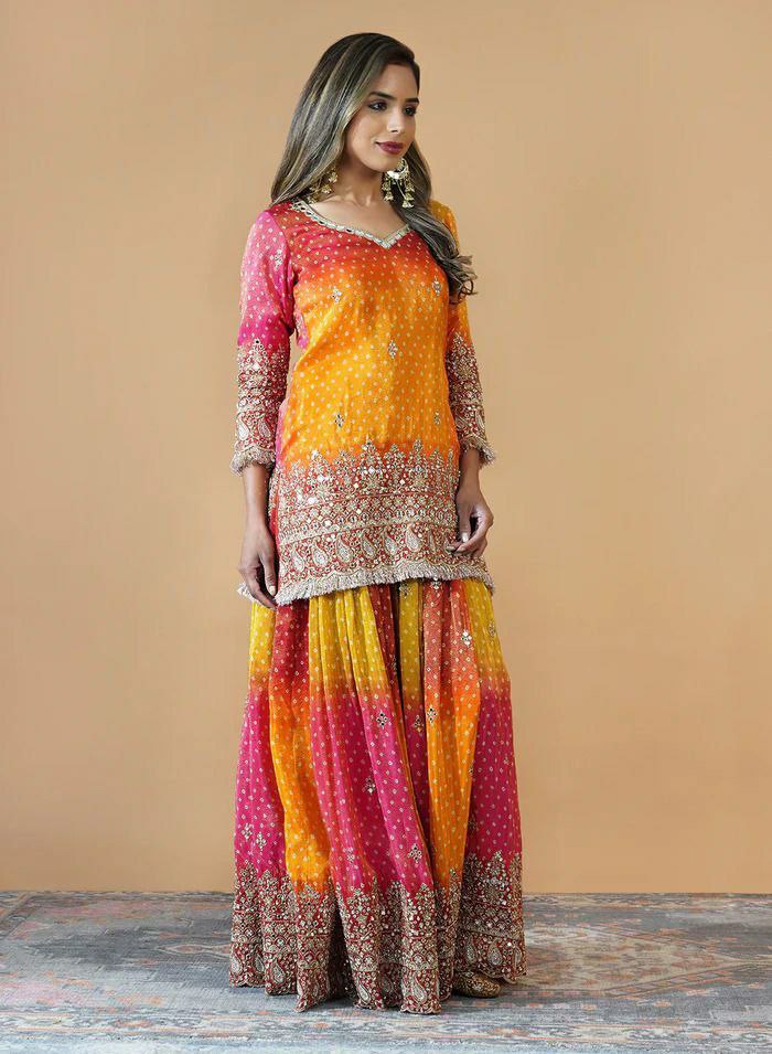 Prazu Fashion Yellow And Pink Chinon Silk Embroidered Palazzo Suit