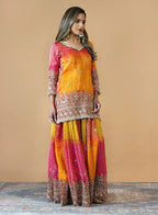 Prazu Fashion Yellow And Pink Chinon Silk Embroidered Palazzo Suit