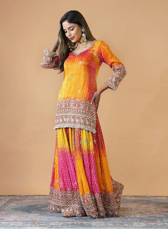 Prazu Fashion Yellow And Pink Chinon Silk Embroidered Palazzo Suit